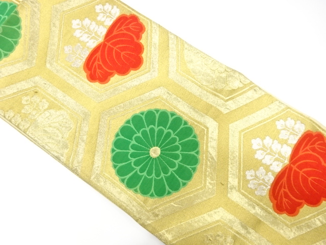 JAPANESE KIMONO / ANTIQUE FUKURO OBI / SILK / WOVEN KIKU & PAULOWNIA